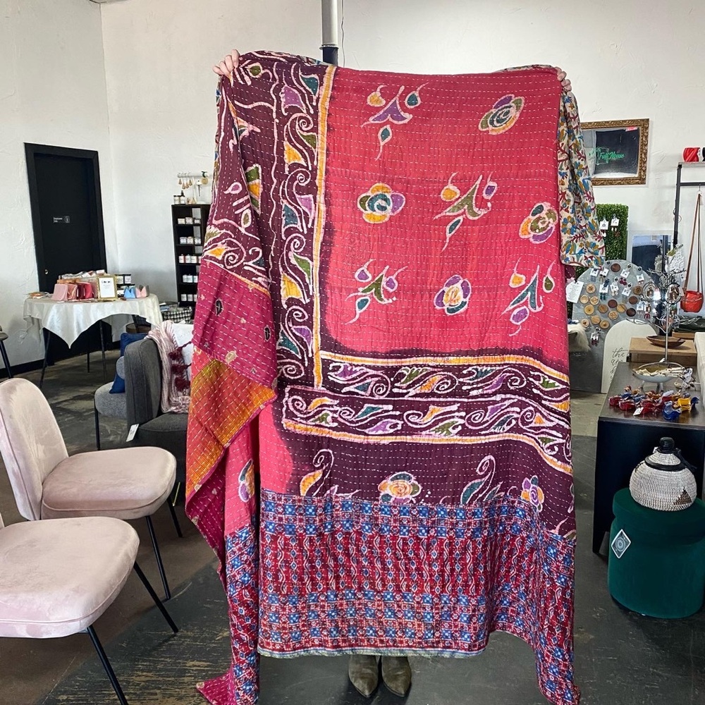 NEW One Of A Kind Unique Kantha Quilt Colorful Upcycled Throw Blanket
